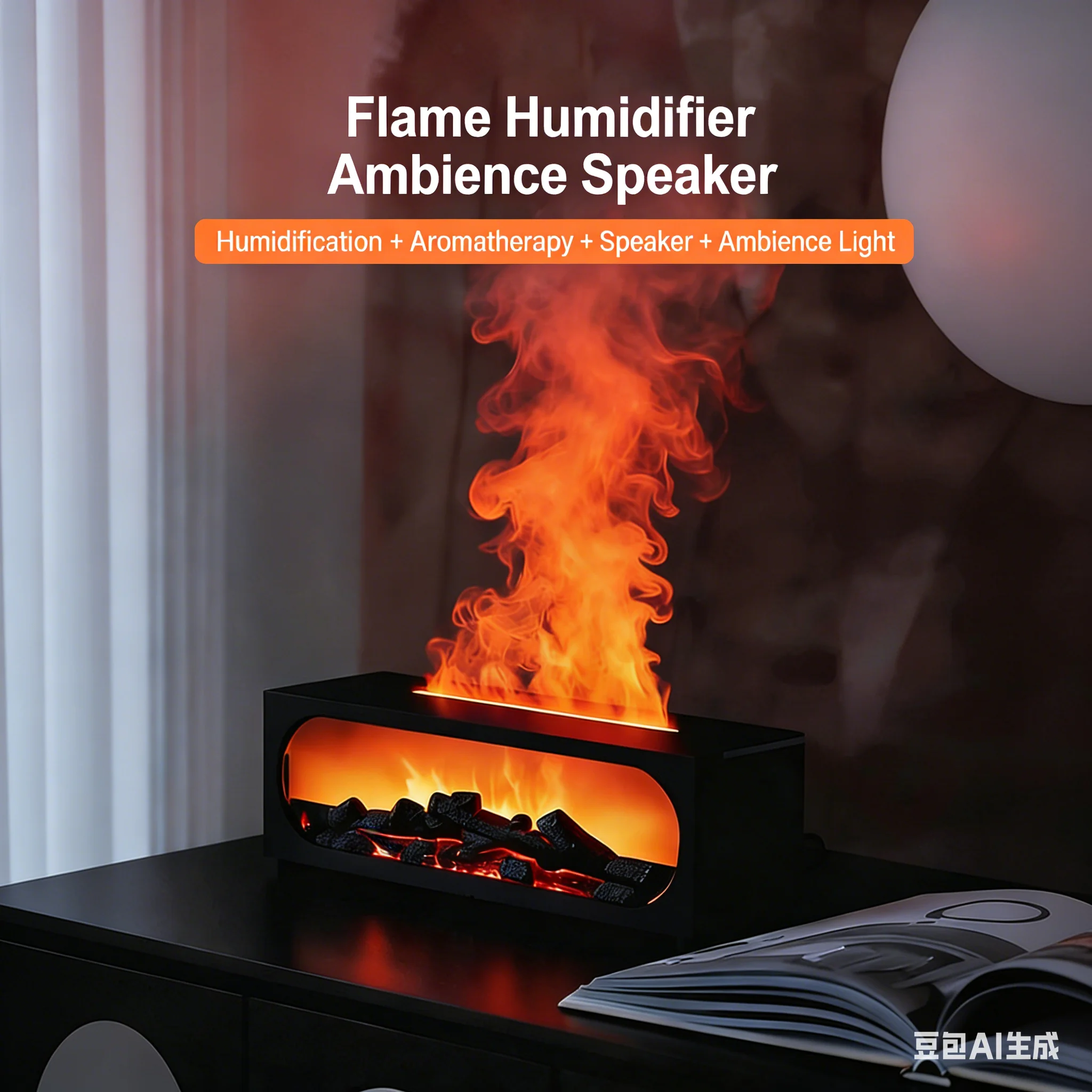 

Увлажнитель с имитацией пламени, аромадиффузор с Bluetooth-динамиком, инфракрасный пульт дистанционного управления, цветной свет для спальни/гостиной