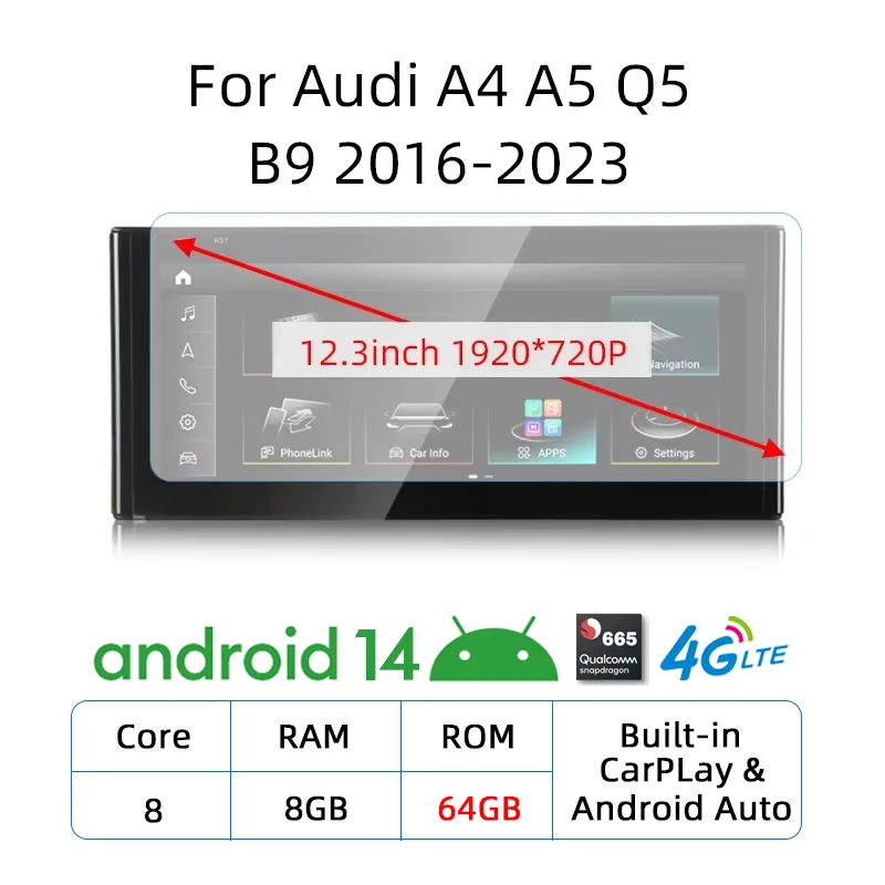 12.3 inch Android 14 draadloze Carplay voor Audi A4 A5 Q5 B9 2017 2016-2023 IPS touchscreen WIFI multimedia stereo GPS navigatie ontvanger