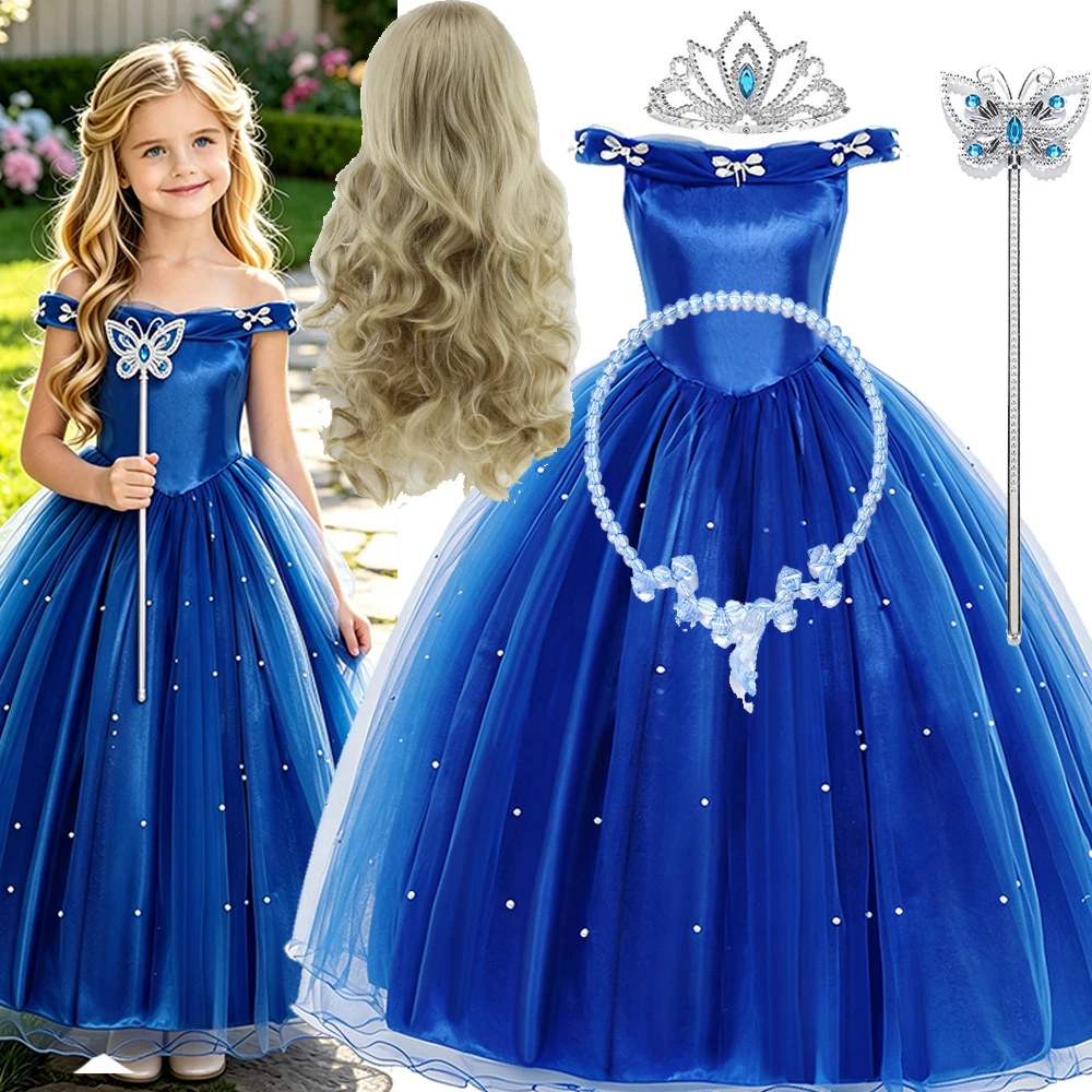 Cinderella Costume Girl Birthday Dress Luxury Kids Royal Blue Fairy Tale Princess Dress Girls Ball Gown Hallloween Costumes
