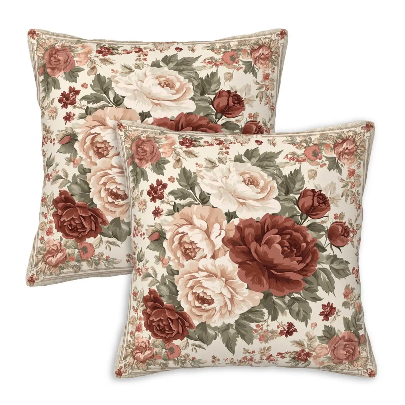 Burgundy Peony Throw Pillow Covers Set of 2,Vintage Floral Decorative Cushion Covers, Country Pillow Cases for Couch Home Decor