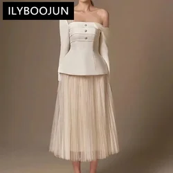 ILYBOOJUN 2024 New Women's 2 Pcs Set Skew Collar Long Sleeveless Patchwork Backless Tops High Waist Gauze Skirt Suit Autumn