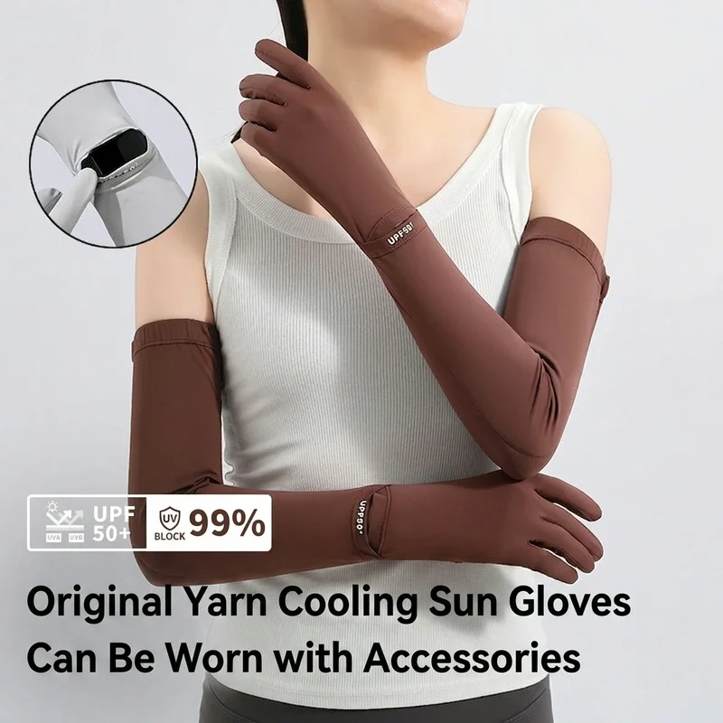 

UPF 50+ Long Sun Protection Gloves Ice Silk Cooling Arm Sleeves with Flip Fingertips Touchscreen UV Gloves Watch Opening Cycling