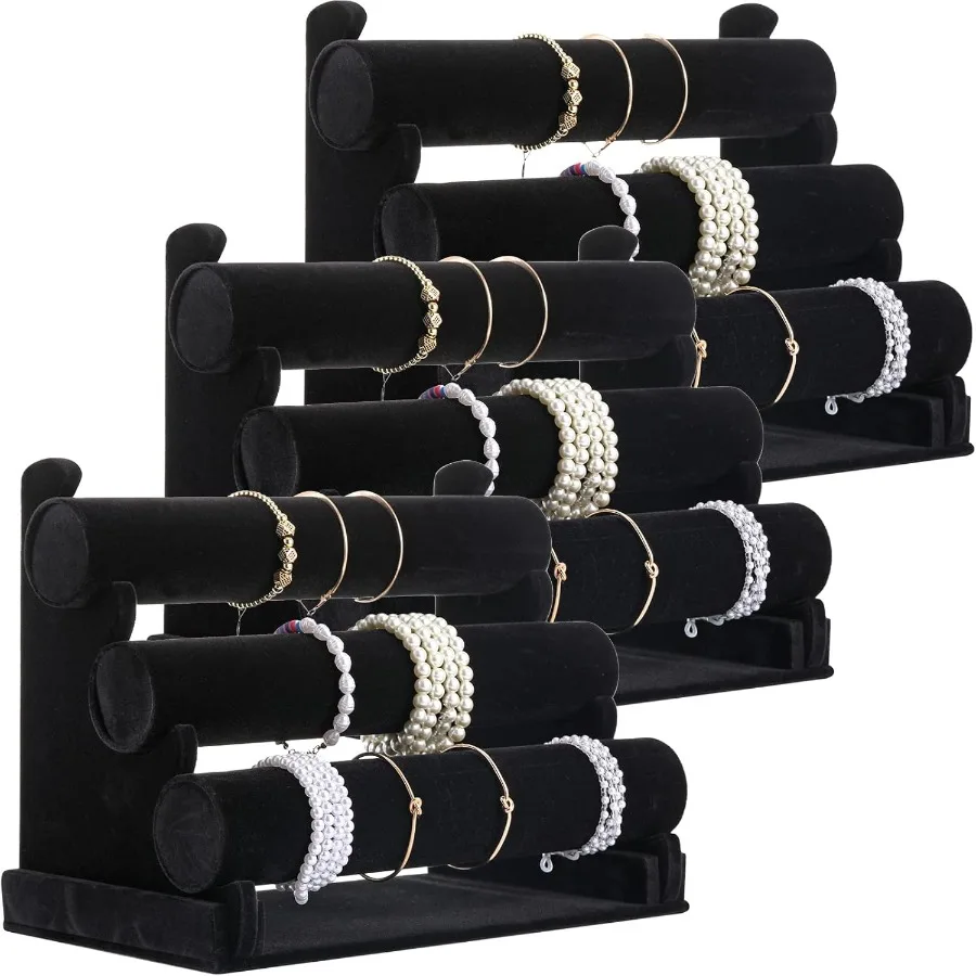 

3-Piece Bracelet Holder Stand Jewelry Holder Organizer with 3 Tiers Velvet Bracelet Organizer for Storage and Display Black