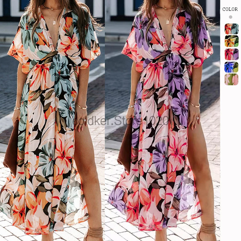 

2024 Spring Summer Sexy V-Neck Bat Sleeves Hem Irregular Dress For Women Fashion Boho Printed High Waisted High Slit Dresses