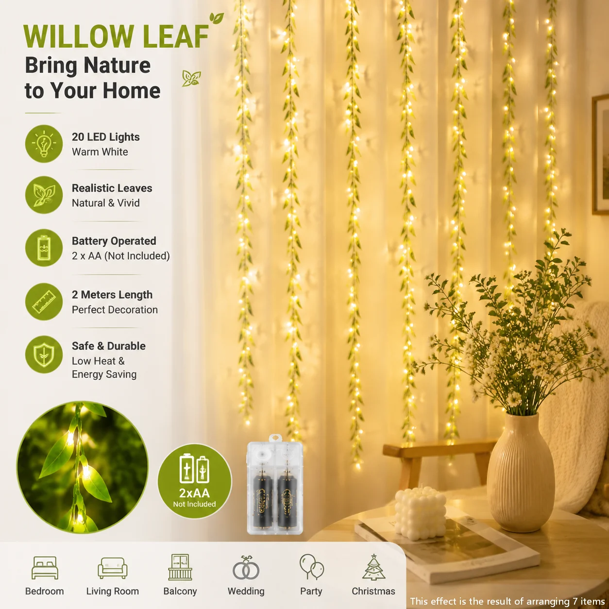 2M 20 LED Willow Leaf Curtain Lights Battery Box Decorative Vine String Lights for Bedroom Wedding Party Room Wall Decor