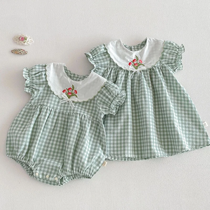 2026 New Summer Sister Clothing Kids Princess Dresses Short Sleeved Cotton Grid 1-5Yrs Baby Girl Party Dress Infant Baby Romper