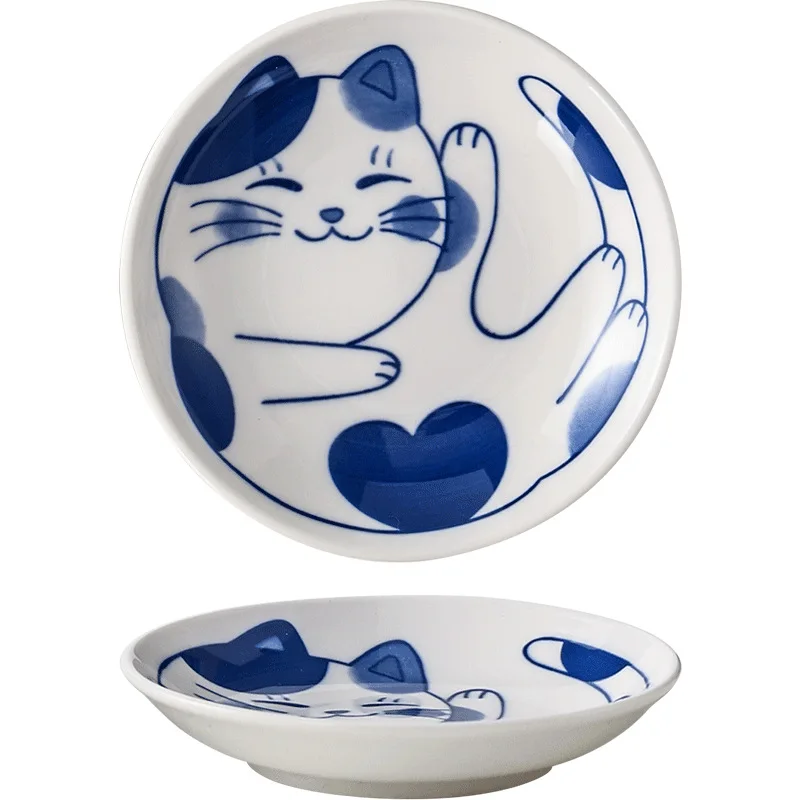 Japanese Style Ceramic Dessert Sauce Dish Tableware Creative Cute Cartoon Lucky Cat Pattern Water Drop Shape Fruit Sushi Plates