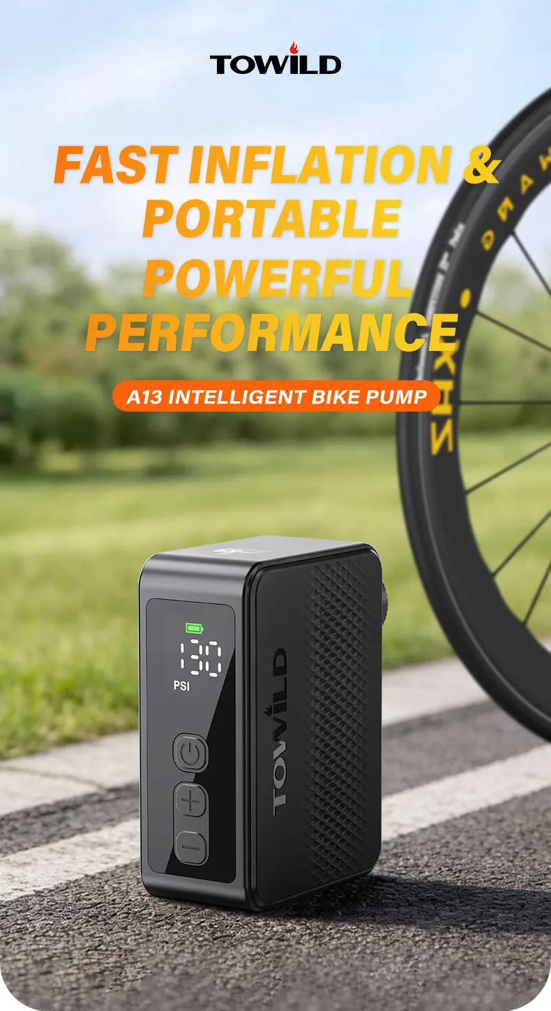 TOWILD A13 Elektrischer Fahrrad-Luftpumpe, max. 130 PSI, tragbare Mini-Luftpumpe für AV/FV-Reifen, Outdoor-Fahrradzubehör – Detail 1