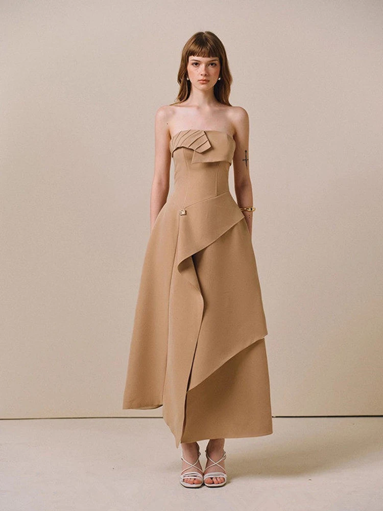 

Elegant Chest Wrapping Irregular Long Dresses Spring Women Sleeveless Zipper Backless Dress Autumn High Waist Knee Length Dress