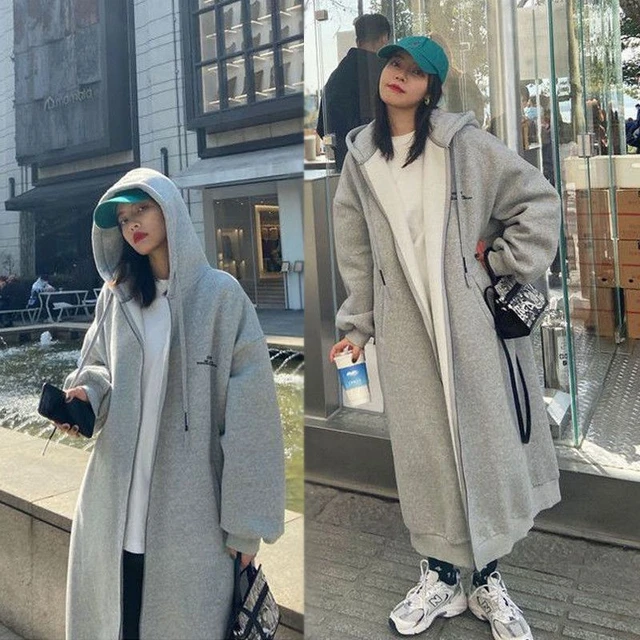 Casual Grey Oversize Zip up Hoodies Women Autumn Winter Fleece Thicken Loose Long Sleeve Hooded Sweatshirt Long Cardigan Coats AliExpress 200000345