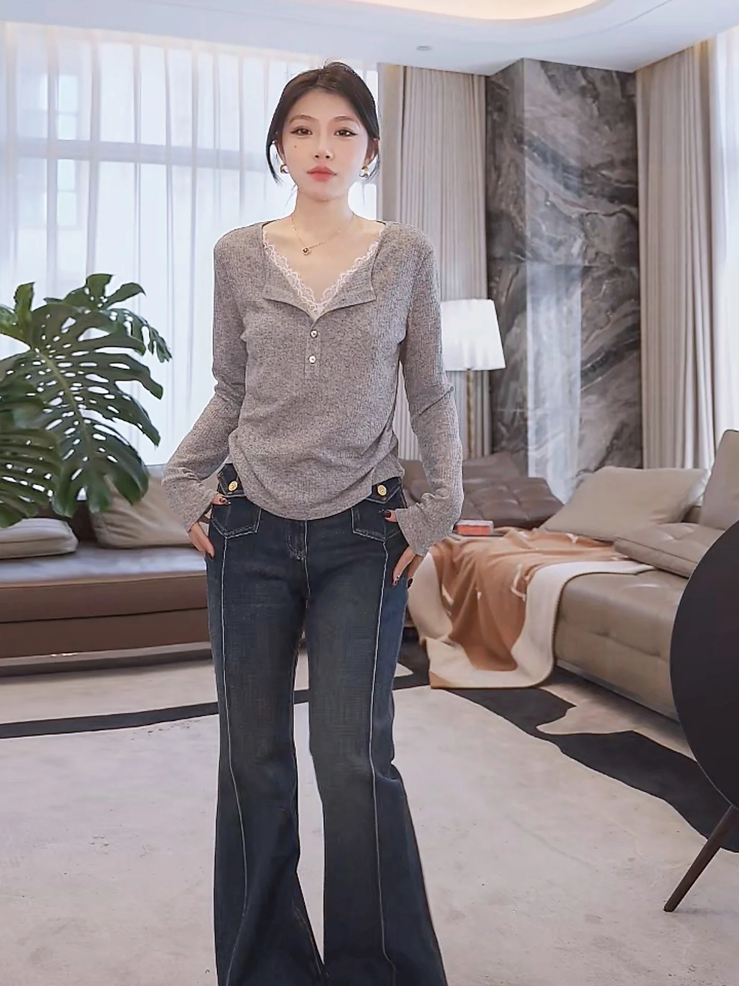 

Женская футболка Lao Yang's Personal Sle из смесового волокна с кружевными вставками, повседневная, свободного кроя, для ежедневной носки, дышащая, с длинным рукавом