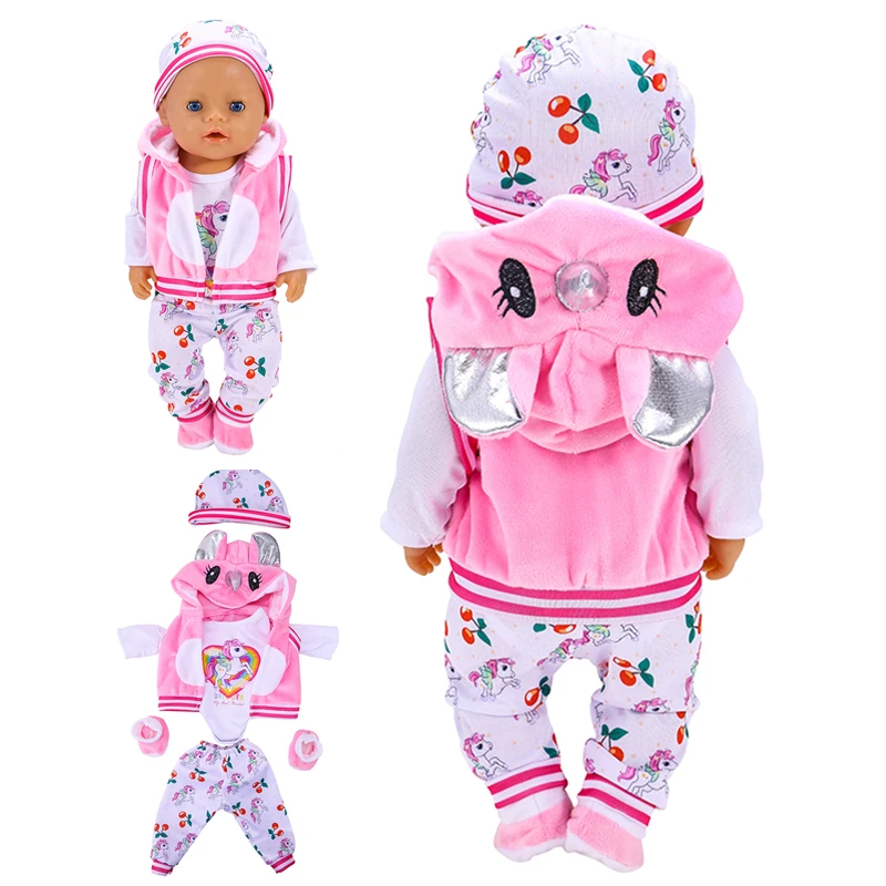 2024 New Born New Baby Fit 18 inch 43cm Doll Clothes Accessories 5-piece Rose Red Unicorn One-piece Dress For Baby Birthday Gift