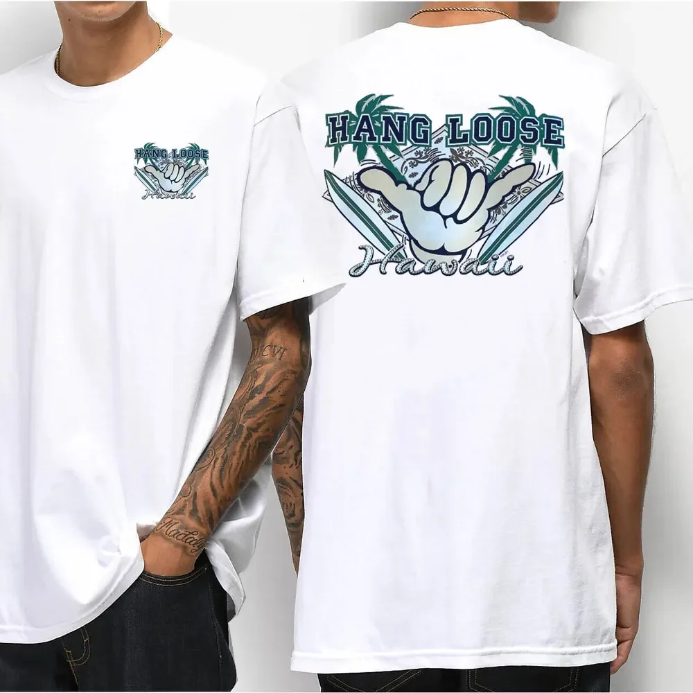 

Hawaiian Style Men's Casual T-shirt Island Hanging Pine Shaka Surfboard Men's and Women's White Cotton Tee Retro Beach Surf Tops