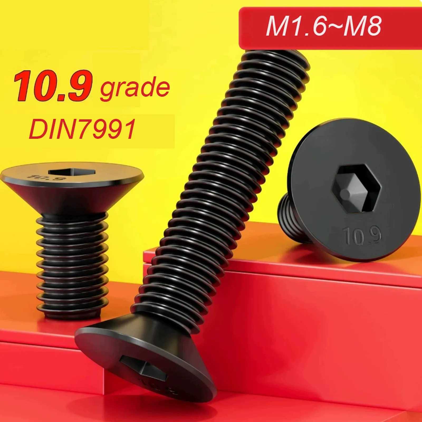 5/10/50pcs M1.6 M2 M2.5 M3 M4 M5 M6 M8 Black 10.9 Grade Steel Hexagon Hex Socket Head Flat Countersunk Allen Bolt Screw DIN7991