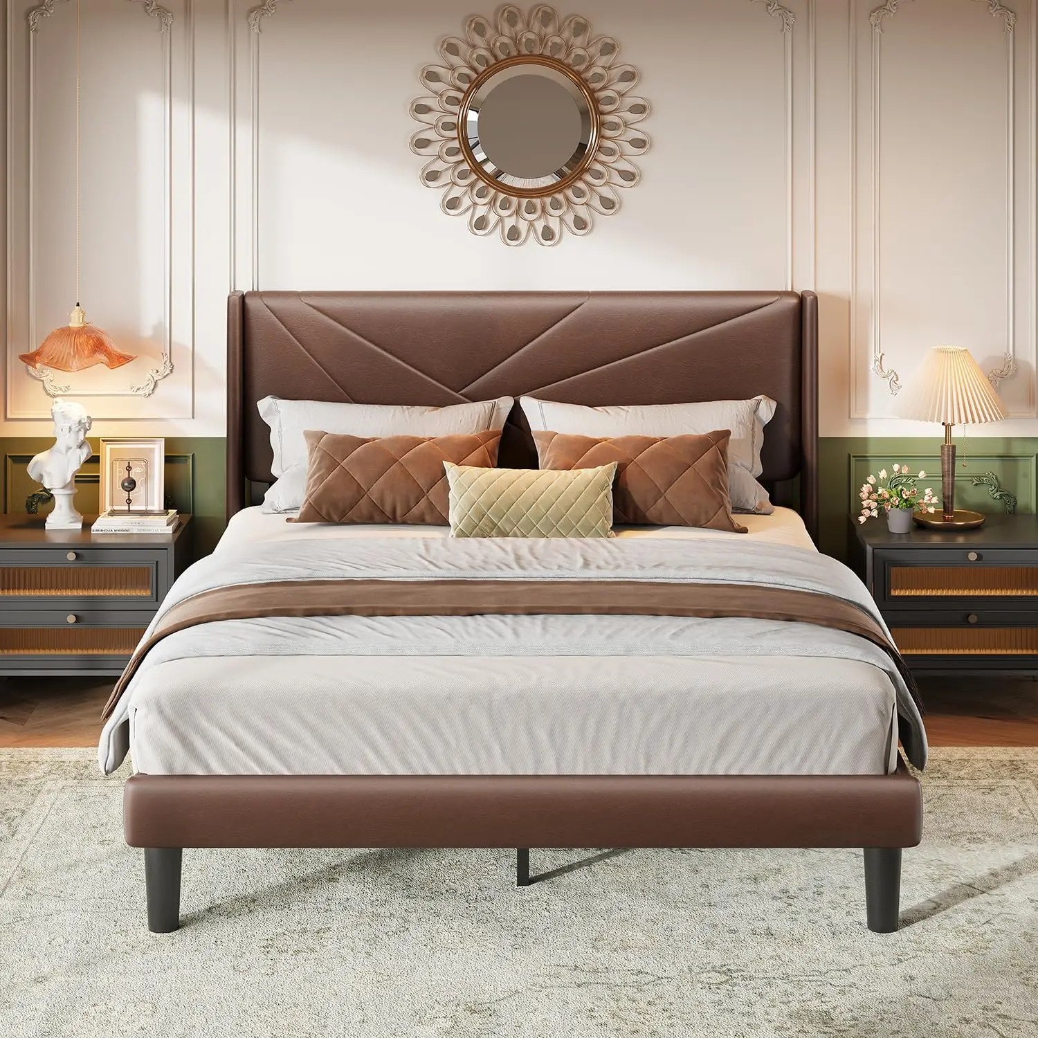 Queen Size Bed Frame with Upholstered Wingback Headboard, Easy Assemnly Platform Bed and Heavy Duty Wooden Slats Support