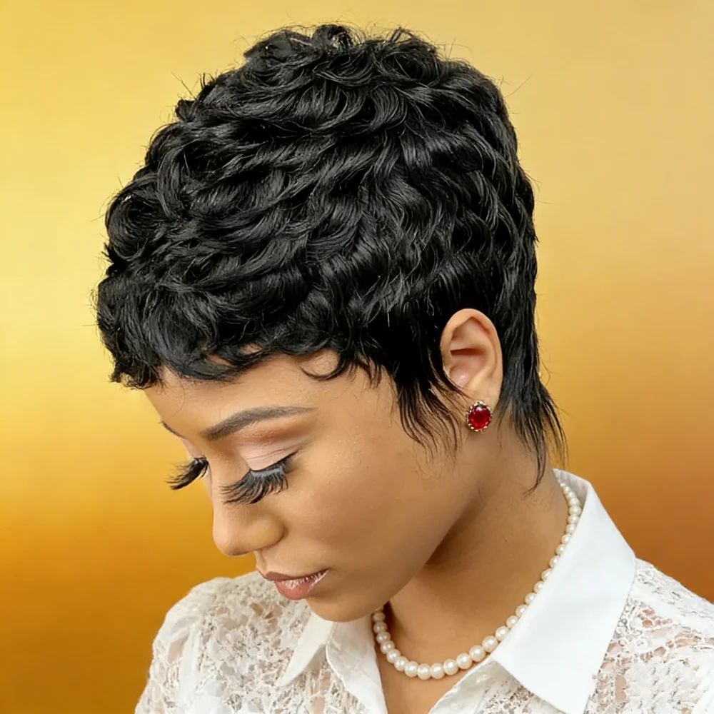 前髪付きの短いカールヘアのピクシーカットウィッグ。女性用、人毛を使用、フルマシンメイド、ローズネットキャップ付き。