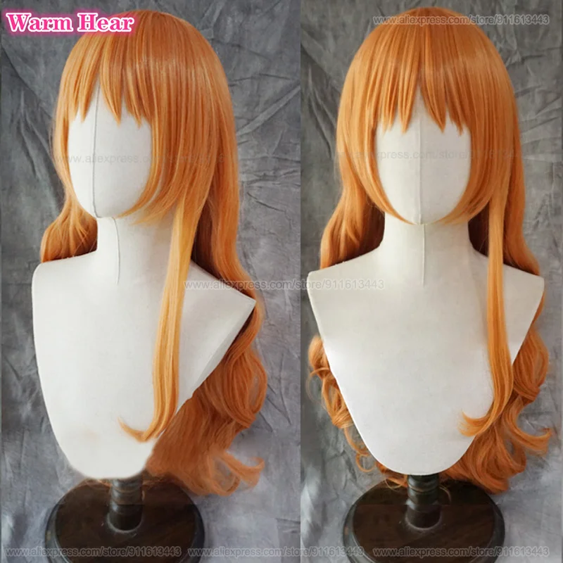 Perruque de Cosplay Anime Nami pour Femme Adulte, Orange, Longue, Ondulée, Cheveux à Degré de Chaleur, Costumes d'Halloween, Bonnet, 75cm