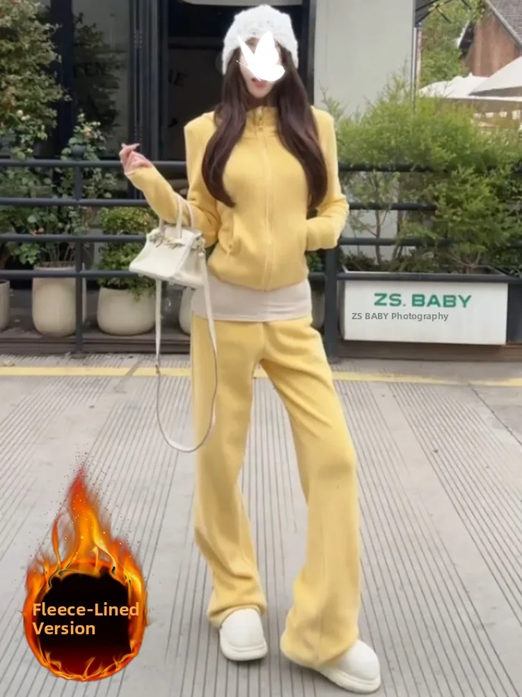

Fleece Lined Sportswear Set Women's Winter Fashion Anti-Aging Yellow Jacket Top Wide Leg Pants Two Piece Set Casual Style