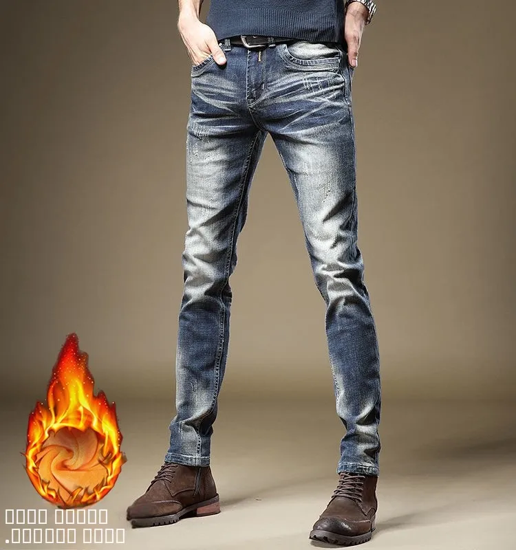 

Men's Fleece Lined Thick Denim Jeans Casual Slim Fit Winter Warm Stretchy Comfortable Youth Fashion mid Waist Zipper Fly Jeans