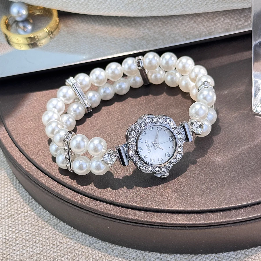 New Elegant Pearl Diamond-Encrusted Elastic Band Watch Vintage Luxury Bracelet Style Convenient for Ladies Quartz Wristwatch image 6