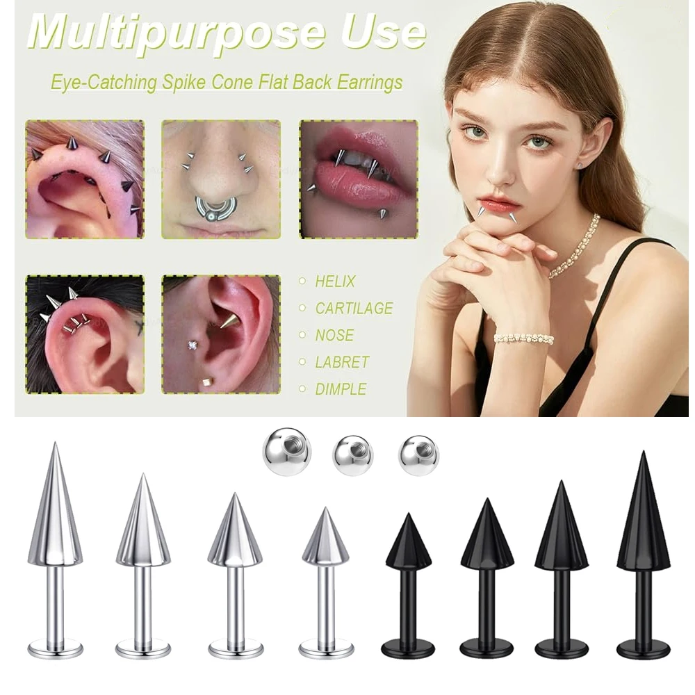 11pcs 16G Stainless Steel Spike Lip Rings Daith Helix Tragus Cartilage Flact Back Stud Earrings Rook Lip Piercing Jewelry 6-16mm