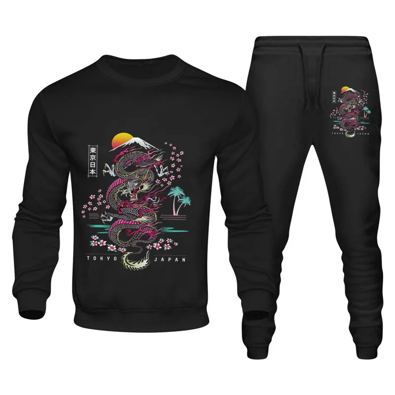 2024 Men'S Chinese Dragon Print Sweatshirt And Trousers Casual Streetwear Suit Sports Clothes Autumn And Winter Tracksuit