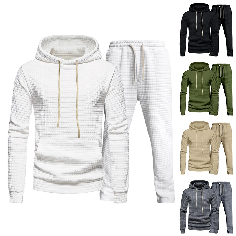 

New Autumn and Winter Sports Suit Hoodie Pure Color Jacquard Small Square Hooded Sweatshirt Pants Sports Hoodie Outwear