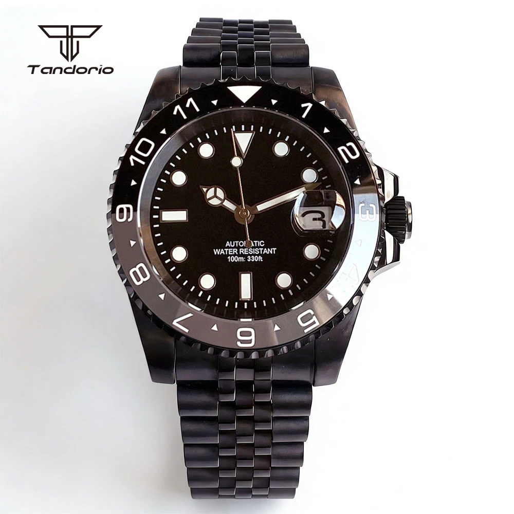 Tandorio 40mm PVD Mechanical NH35 PT5000 Sapphire Full Black Watch Auto Date Ceramic Bezel Men's Business Wristwatch Glide Clasp
