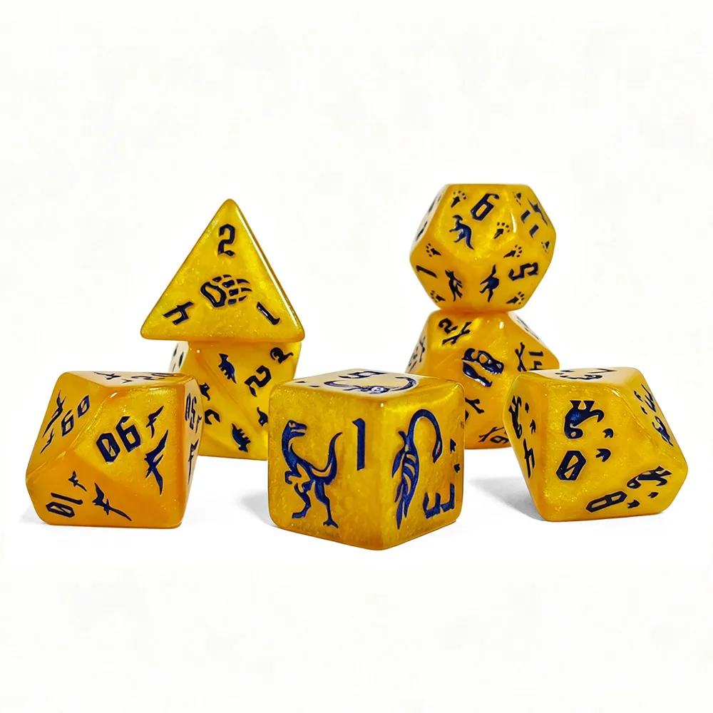 Jurassic Gold Dinosaur Dice Set, 7Pcs Yellow Engraved DND Dice with Blue Ink for Prehistoric Dinosaur TTRPG & Role Playing view 5