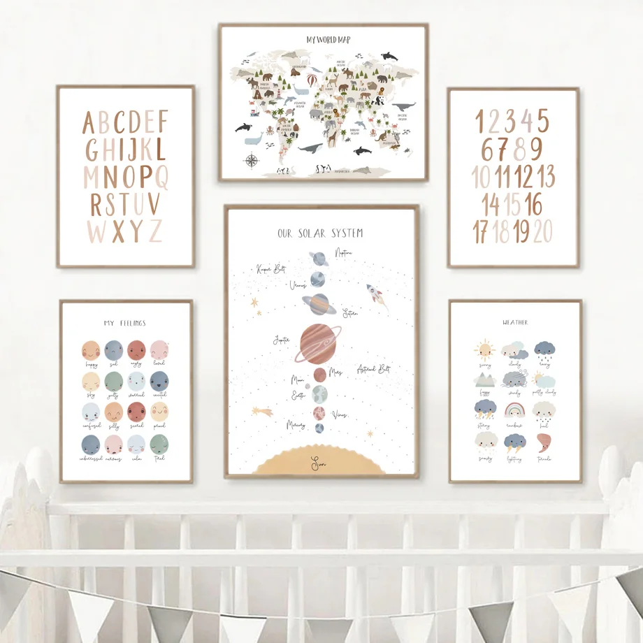 

Boho Kids Room Decor Canvas Wall Art - Solar System World Map Shapes Feelings Weather Math Alphabet Nordic Posters Prints