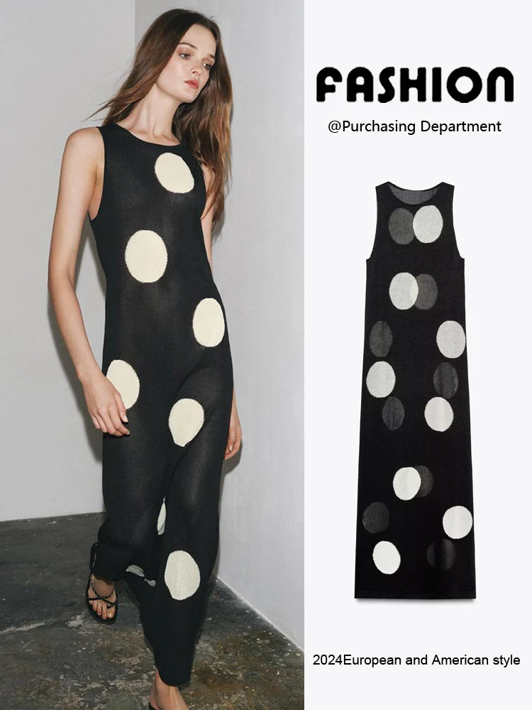 

Faionable round Ne Svel Knitted Long Dr New Arrival Summer Women's Dr Polka Dot Print Ele Classy Gown