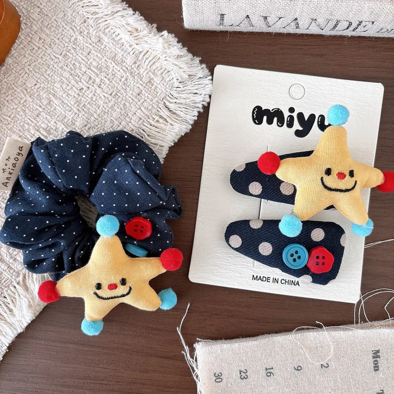 Hair Accessories Cute Star Cotton Filled Fabric Snap Clip Polka Dot Scrunchie for Girls Bun Lightweight Multicolor Small