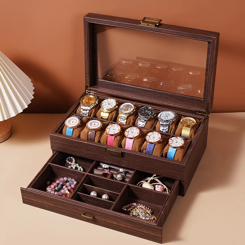 Leather Watch Box Vintage Jewelry Storage Boxes Wood Grain Luxury Watch Organizer Container Ring Necklace Dustproof Packing Box