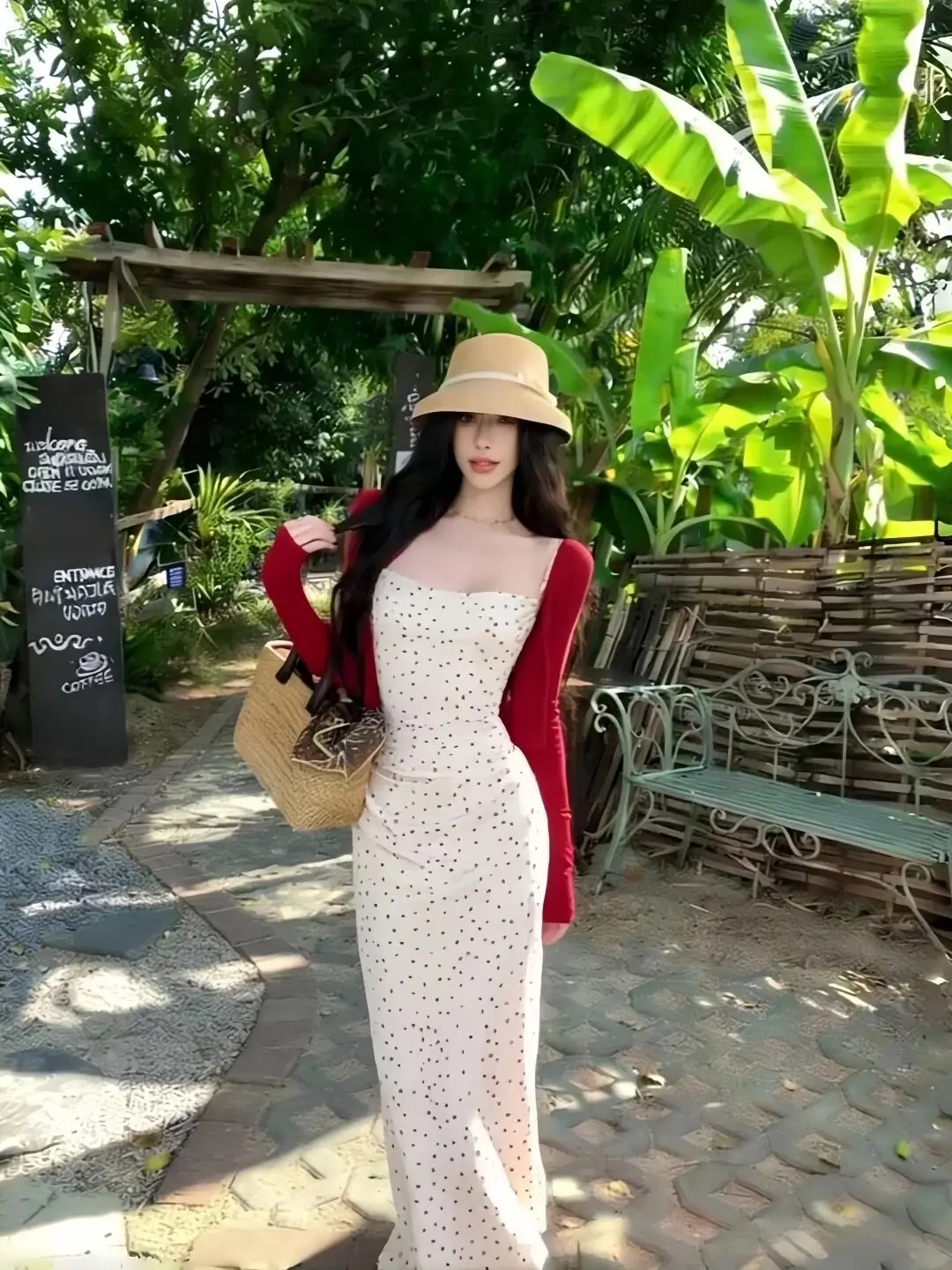 

Spring Outing Polka Dot Dress Women's Sun Protection Red Open Cardigan Summer Vacation Style Two-Piece Set Casual Breathable