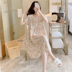 Summer New Short Sleeve Night Dress Casual Women Nightgowns Round Neck Loose Cotton Floral Printing Causal Home Wear