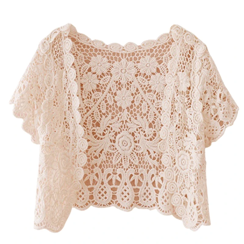 Womens Summer Short Sleeve Tassels Lace Cardigan Floral Crochet Beach Cover Up Shrugs Open Front Crop Jackets