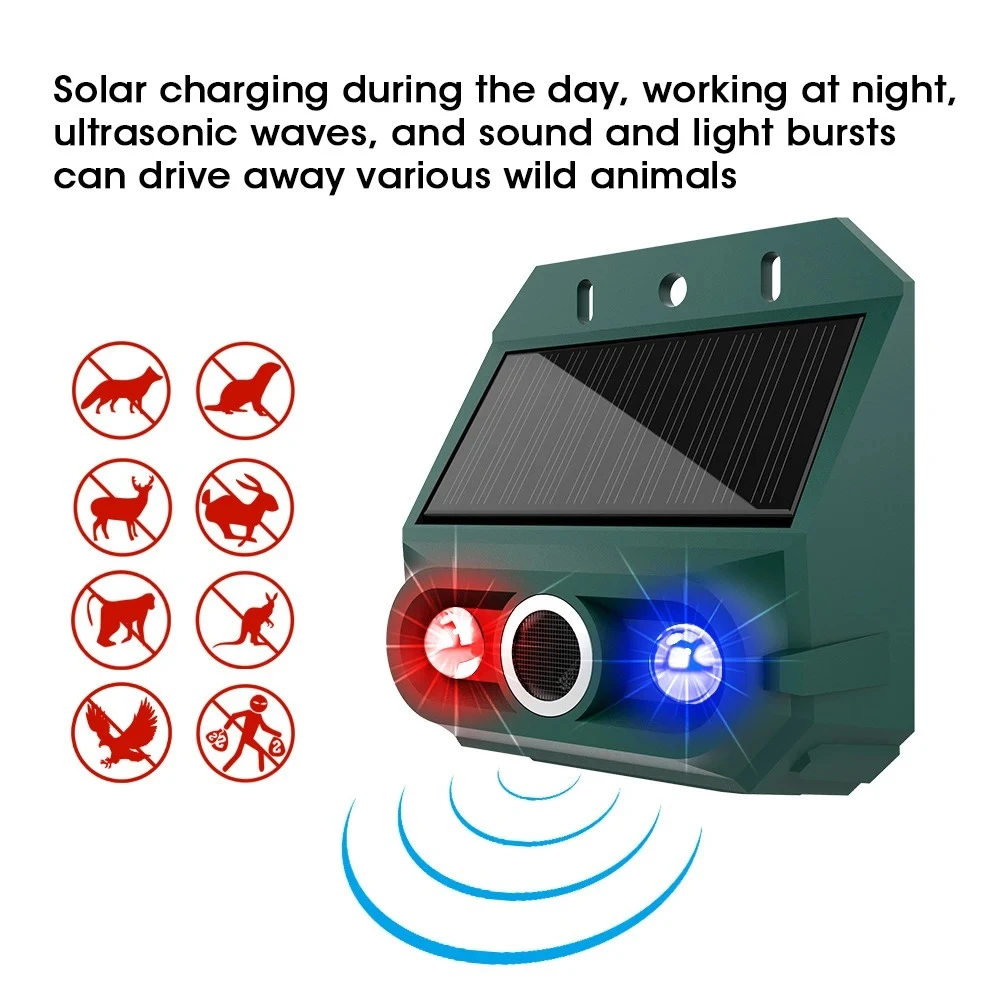 Solar Powered Ultrasonic Outdoor Animal Repeller Strobe Flash Repel Mice Rats Snakes Dogs Wild Animals