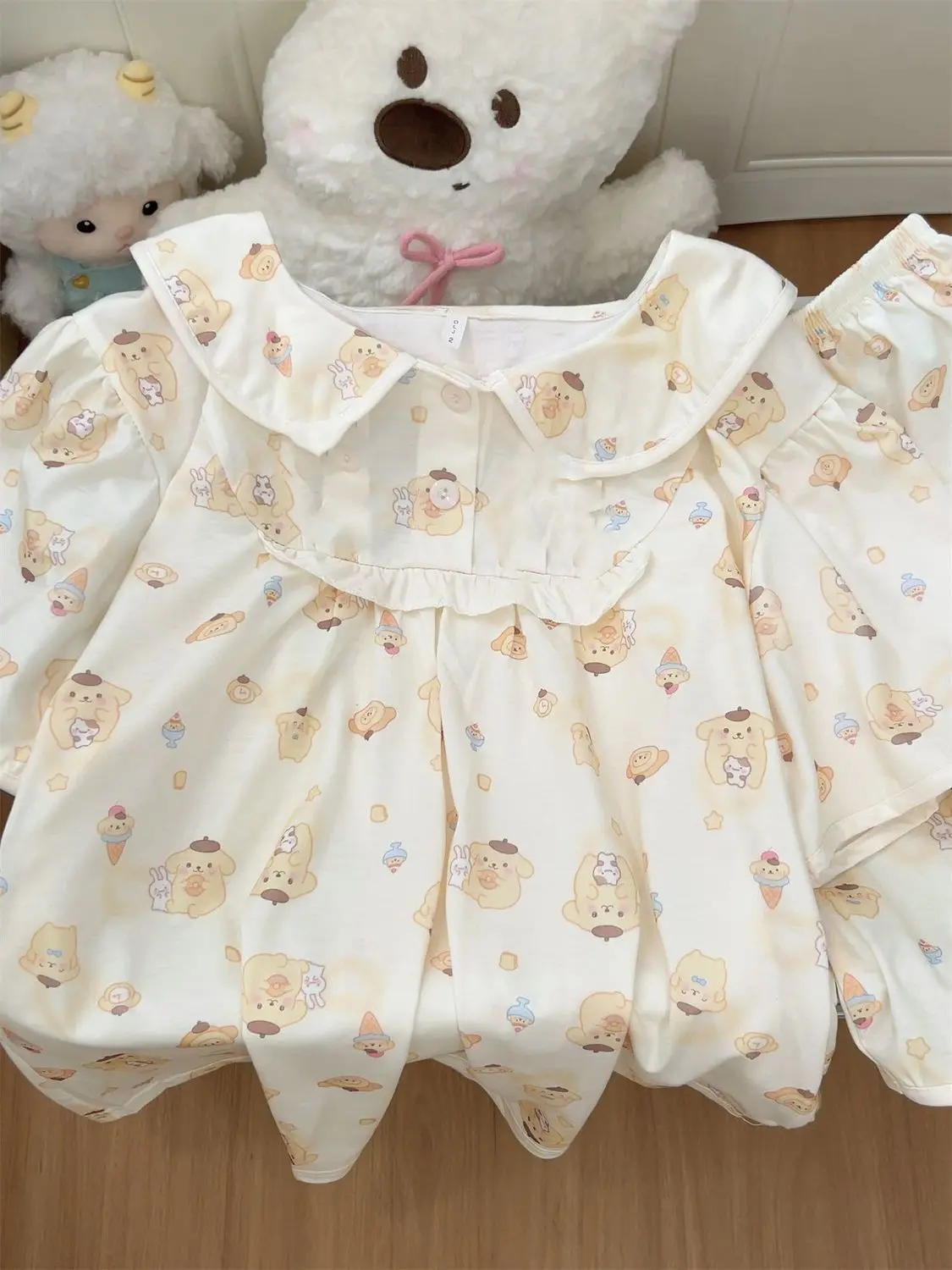 

Милая пижама Sanrio Pompom Purin для женщин: шорты и футболка с коротким рукавом, летняя пижама, ночная одежда с мультяшным принтом, домашняя одежда для студентов