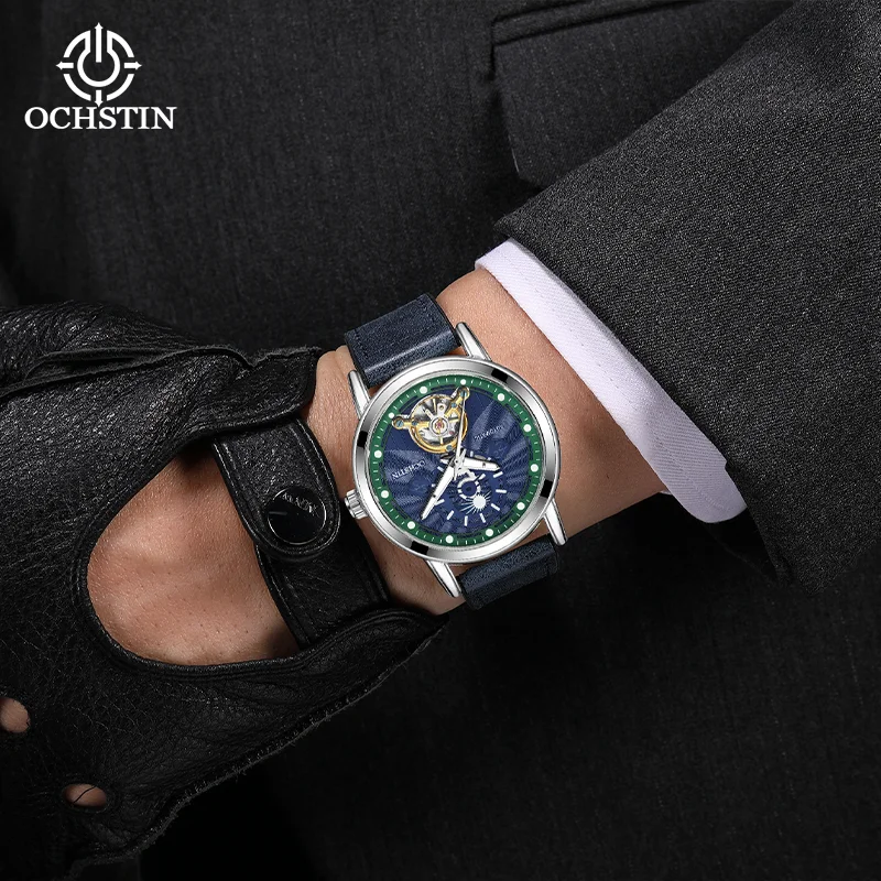 OCHSTIN メンズ スケルトン機械式ムーブメント腕時計 レザーラップラバーストラップウォッチ 男性用フライングトゥールビヨン高級時計