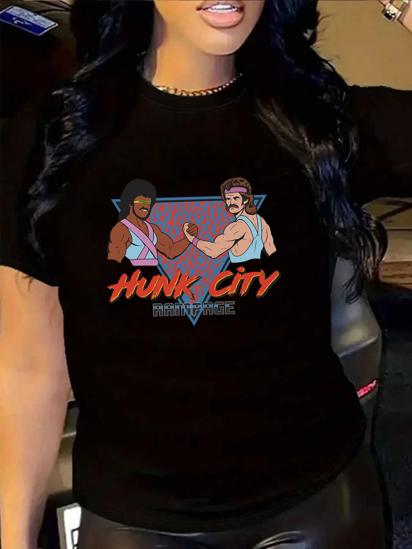 

【1021400】Женская футболка больших размеров с круглым вырезом и короткими рукавами, эластичными рукавами и модными принтами