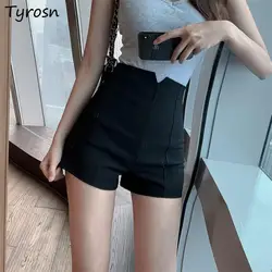 Black Shorts Women Retro Design Zipper Skinny Short High Waist Leisure All-match Streetwear Slim Stretchy Trousers Lady Clothing