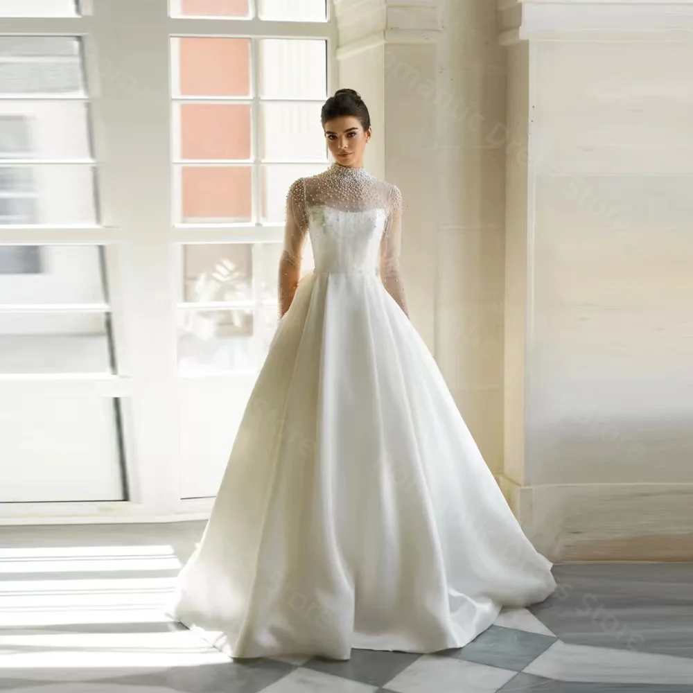 

Romantic Modest A Line Customized Sequins High Neck Wedding Dresses 2026 Long Sleeves Bride Dress For Women Vestido De Noiva