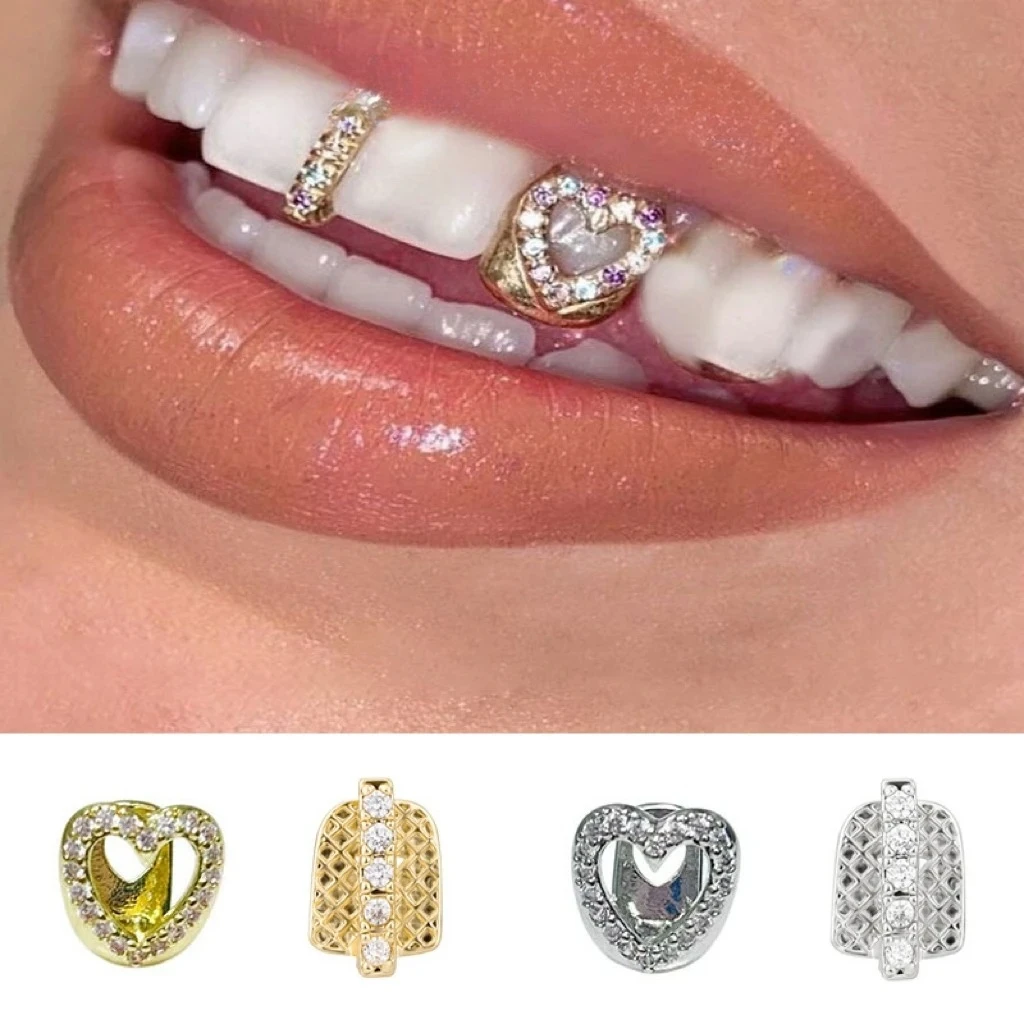 2PCS Set Hip Hop CZ Stone Hollow Heart Teeth Grillz with Elegant Vertical Bar Zircon Tooth Caps for Women And Men Jewelry Gift
