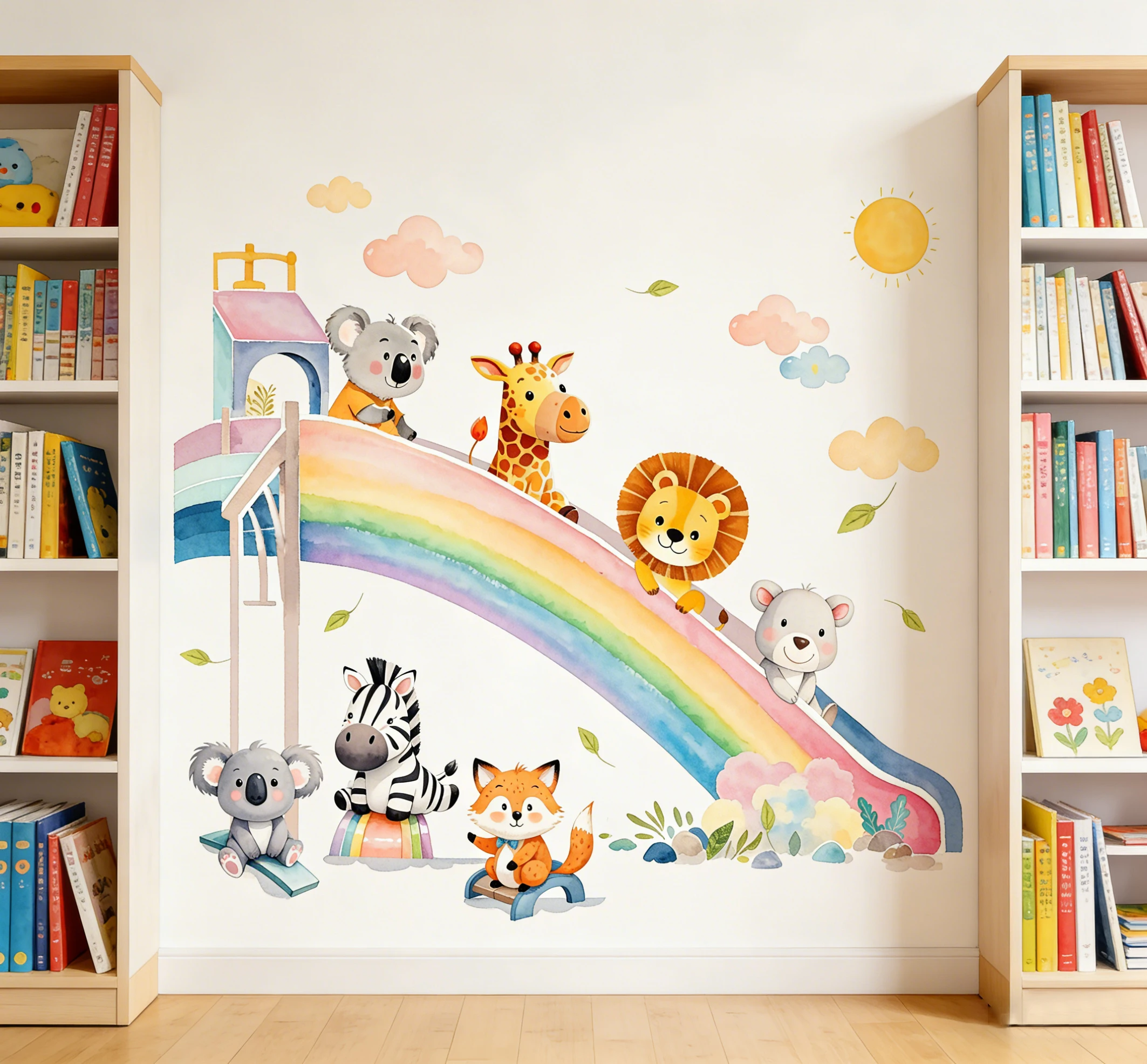 Cartoon Animal Rainbow Slide Cloud Sun Wall Stickers for Kids Room Nursery Self-adhesive Decorative Wall Decals