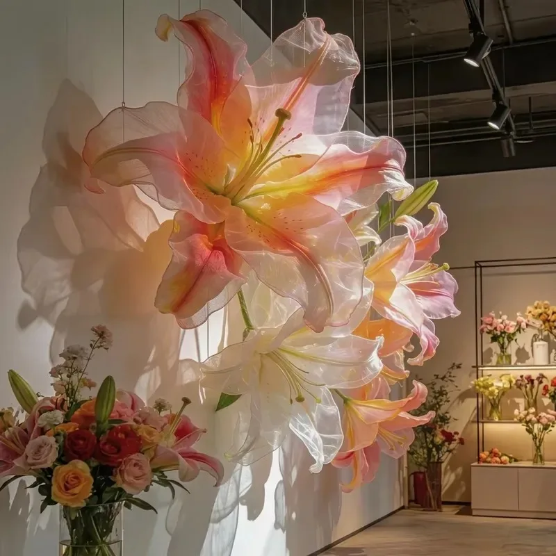Giant Organza Artificial Lily Hanging Ceiling Decoration for Wedding Party Event Background