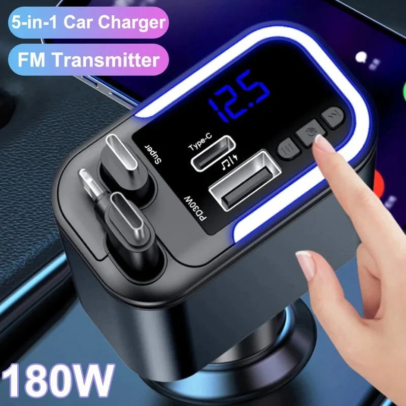 5IN1 شاحن سيارة قابل للسحب FM الارسال ضوء النجوم الهاتف نوع C كابل آيفون شحن سريع الحبل ولاعة السجائر محول