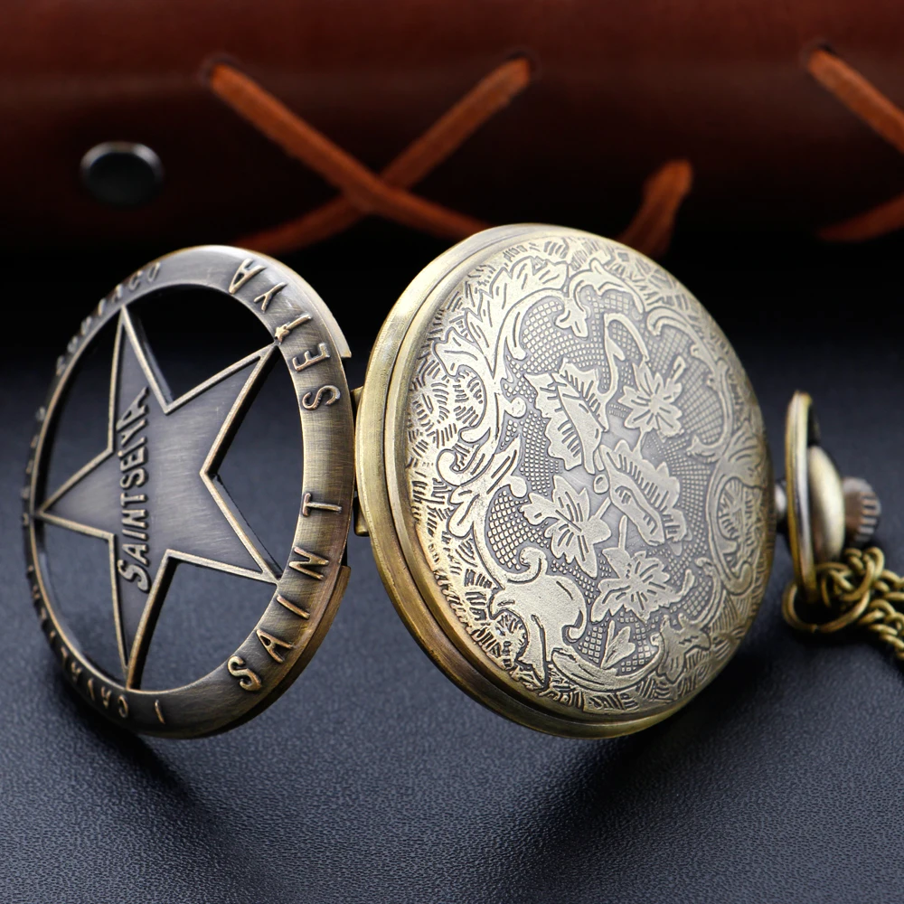 Antique Constellation Saint Quartz Pocket Watch Hollow Vintage Bronze Fob Chain Clock The Best Holiday Gift for Men and Children