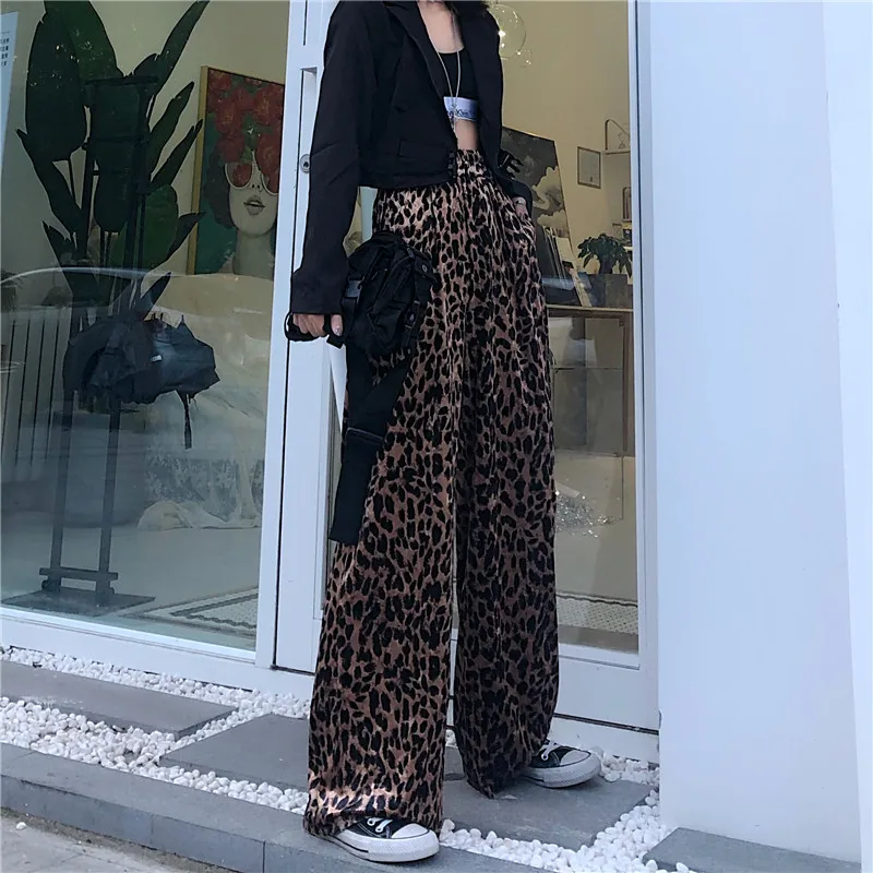 Veludo dourado leopardo imprimir calças femininas outono inverno nova cintura alta elástica baggy calças coreano vintage em linha reta ampla perna