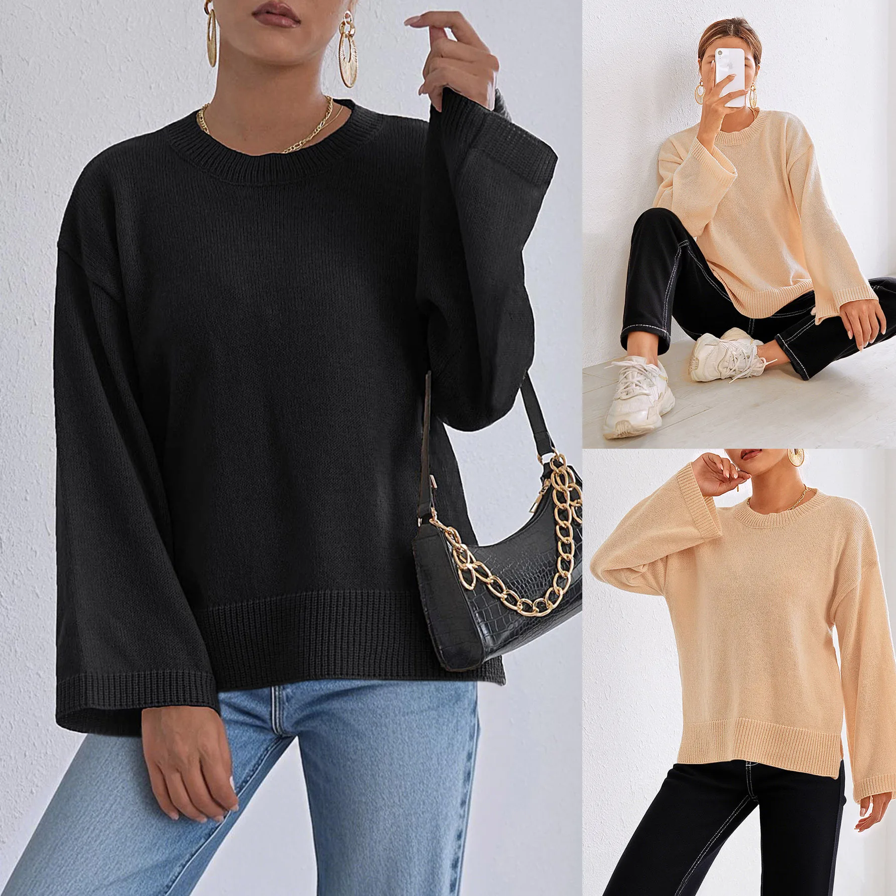 

Women's Loose Comfortable Casual Long-Sleeved Pullover Sweater round Neck Bell Sleeve Solid Color Autumn Winter Fashion Top