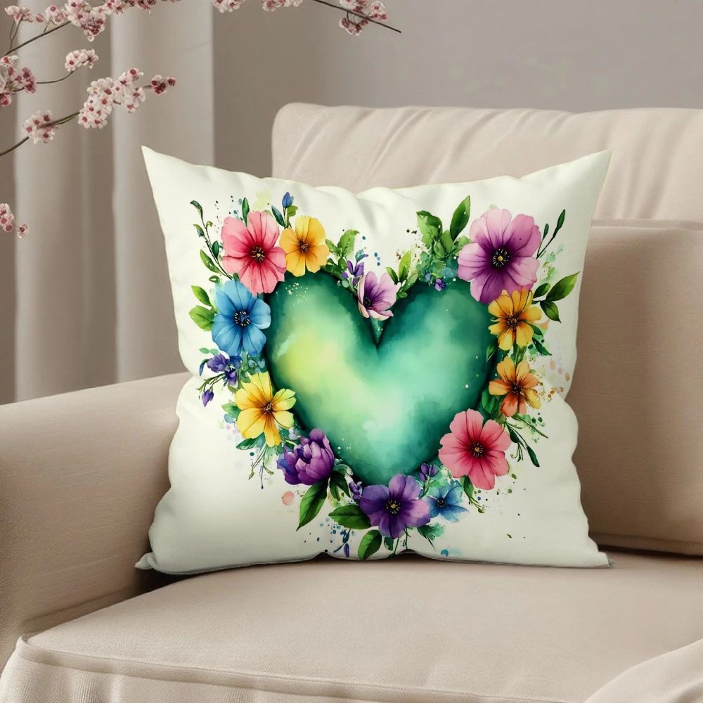 Square Throw Pillow Case Cream White Watercolor Green Heart Surrounded By Colorful Flowers Boho Decor For Sofa Chair Bedroom Liv